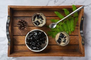 Grass Jelly Topped with Caramel Dessert concept.